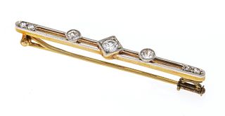 Art Deco old cut diamond bar pin GG/WG 585/000 unstamped, tested, with 3 old cut diamonds, add. 0,30