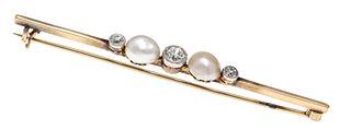 old cut diamond bead pin GG/WG 585/000 with 2 white half pearls 7 - 6 mm and 3 old cut diamonds,