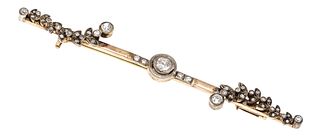 Old cut diamond bar brooch c. 1920 GG/WG 585/000 unstamped, tested, with 3 old cut diamonds,