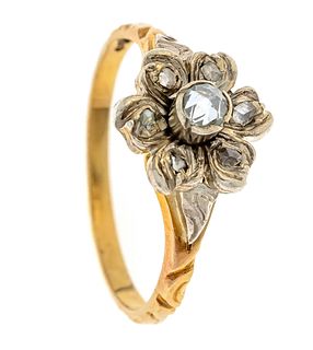 Diamond rose ring GG 585/000 and silver 925/000 unstamped, tested, with 7 diamond roses 1 by 3 mm