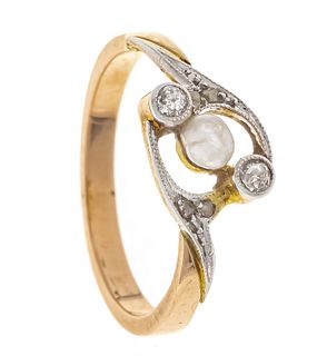 Art nouveau river pearl old cut diamond ring RG/WG 585/000 with one river pearl 3,5 mm, old cut