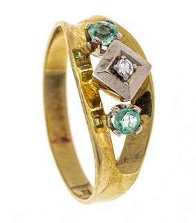 Emerald diamond ring GG/WG 585/000 with 2 round faceted emeralds 3 mm and one diamond 0,02 ct, RG