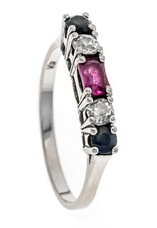 Riviere ring WG 750/000 with one oval faceted ruby 2,8 x 4,5 mm, two round faceted sapphires 2,8