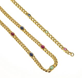 2-piece multicolor set GG 585/000 necklace with oval sapphire, emerald and ruby cabochons 5 mm, l.