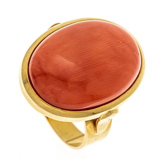 Coral ring GG 750/000 with an oval coral cabochon 20 x 15 mm, RG 55, 8,9 g