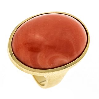Coral ring GG 585/000 with an oval coral cabochon 24 x 17 mm, in a reddish salmon orange, lightly