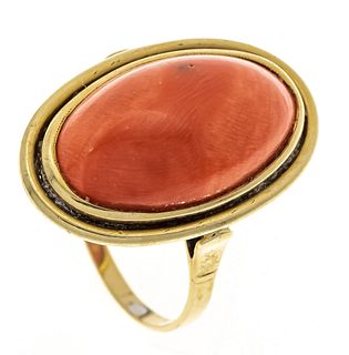 Coral ring GG 585/000 with a large coral cabochon 20 x 13 mm, RG 60, 7.5 g