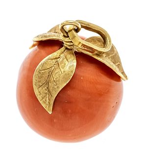 Rare coral pendant GG 750/000 in the shape of an apple with foliate gold mount, fine coral ball 21.5