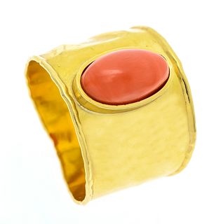 Coral ring GG 750/000 with an oval coral cabochon 12 x 7 mm, reddish orange, RG 58, 5.8 g