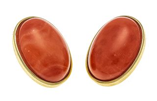 Coral earclips GG 585/000 with 2 fine oval coral cabochons 17,5 x 12,4 mm, reddish orange,