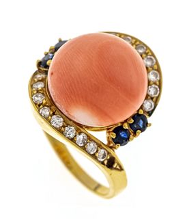 Coral ring GG 750/000 unstamped, tested, with a bouton-furred coral cabochon 13 mm, salmon pink, 4