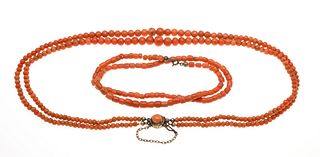 2 coral necklaces, 1 x with box clasp and SI chain metal, 2-row strands of coral beads 8 - 3.5 mm,