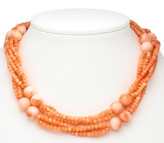 Angel skin coral endless necklace made of angel skin coral balls 9.3 and 3 mm, salmon pink / cream