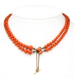Coral necklace with box clasp metal gold plated with safety chain, set with 2 coral boutons 5 mm,