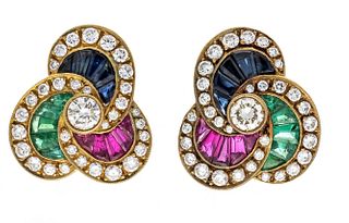 Multicolor clip earrings GG 750/000 with 10 matching rubies, emeralds and sapphires 3,7 x 2,2 - 2,