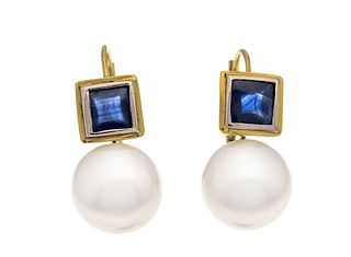 South Sea pearl sapphire earrings GG 585/000 2 white South Sea pearls 10,6 mm, with very little