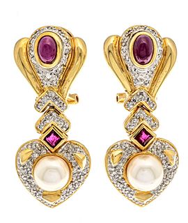 Ruby diamond clip earrings GG/WG 585/000 with 2 oval ruby cabochons 5.9 x 3.6 mm, 2 carrÃ© faceted