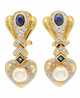 Sapphire diamond clip earrings GG/WG 585/000 with 2 oval sapphire cabochons 5.9 x 3.6 mm, 2 carrÃ©