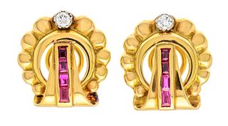 Brilliant ruby earclips GG/WG 585/000 with 4 matching cut 3 x 1.4 mm and 2 brilliant-cut diamonds,