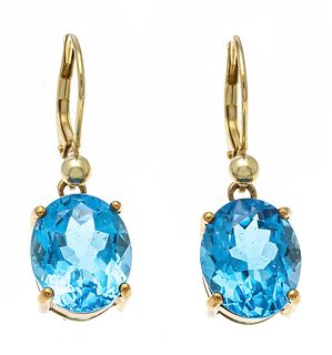 Blue topaz earrings GG 585/000 with 2 oval faceted blue topaz 11,7 x 9,7 mm, l. 28 mm, 5,5 g