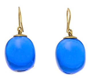 Design earrings GG 750/000 with 2 oval jewelry cabochons 18 x 15 mm, blue, transparent, l. 32 mm,