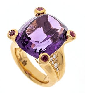 Fa. Schupp amethyst-brilliant ring RG 750/000 with one oval faceted amethyst 19,5 x 16 mm, 4 round