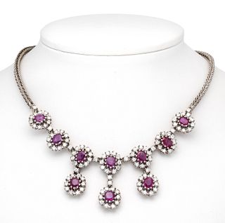 Ruby-brilliant necklace WG 585/000 with 10 oval faceted rubies, total 2,80 ct light pinkish red,
