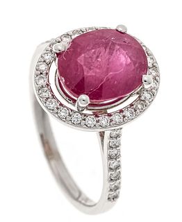 Ruby brilliant ring WG 750/000 with one oval faceted ruby 9,8 x 8,1 x 5,8 mm, pinkish red,