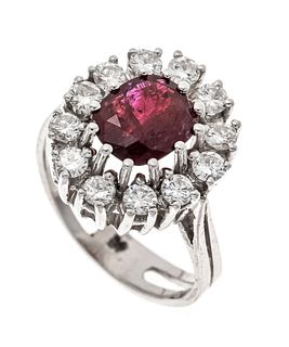 Ruby-brilliant ring WG 585/000 with one oval faceted ruby 1,75 ct, dark slightly pinkish red,
