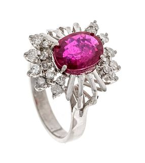Ruby diamond ring WG 750/000 with one oval faceted ruby 9.1 x 7.0 mm, bright slightly pinkish red,