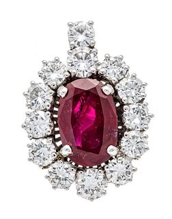 Ruby diamond pendant WG 750/000 with an excellent oval faceted ruby 3,67 ct red, transparent and