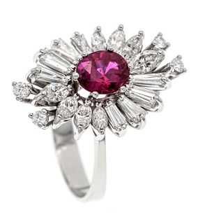 Ruby diamond ring WG 585/000 with one oval faceted ruby appr. 1,02 ct intense violet red,