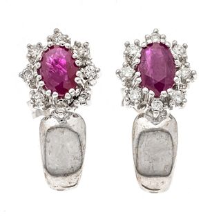 Ruby-brilliant earrings WG 585/000 with 2 oval faceted rubies 5,5 x 3,6 mm, red, opaque, and 16