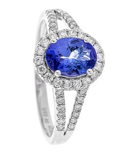 Tanzanite diamond ring Harry Ivens WG 585/000 with one oval faceted tanzanite 8,8 x 6,6 mm, violet-