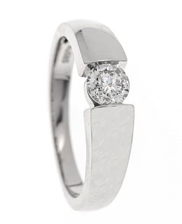 Brilliant ring in tension look WG 585/000 with one diamond 0.49 ct lightly toned white/PI, RG 56,
