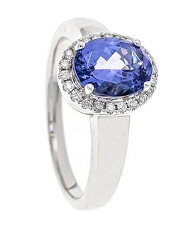 Tanzanite diamond ring platinum 950/000 with one oval faceted tanzanite 9.0 x 7.1 mm, violet-