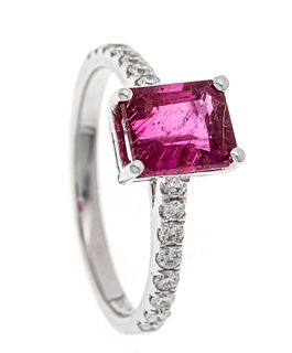 Rubellite diamond ring WG /000 with one emerald-cut faceted rubellite 7.3 x 6.1 mm, strong pinkish