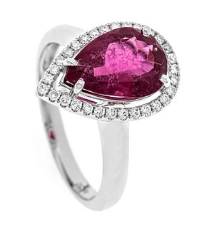 Rubellite diamond ring WG 750/000 with a drop-shaped faceted rubellite 11.1 x 7.9 mm, bluish red,