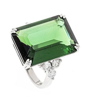 Tourmaline diamond ring WG 750/000 with an emerald-cut faceted tourmaline 14.1 ct dark luminous