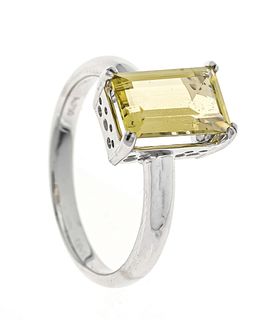 Yellow beryl ring WG 750/000 with an emerald-cut faceted yellow beryl 1.5 ct slightly greenish