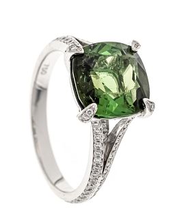 Tourmaline diamond ring WG 750/000 with one antique-cut faceted tourmaline 2.8 ct slightly yellowish