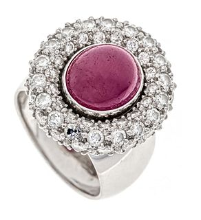 Ruby-brilliant ring platinum with a very good oval ruby cabochon 4,85 ct violet-toned, strong red,