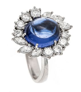 Sapphire diamond ring WG 750/000 with an oval sapphire cabochon approx. 4.50 ct fine luminous