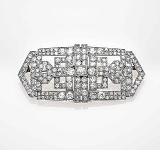 Rare Art Deco brooch WG 670/000 unstamped, tested, with 157 old cut diamonds, total 8,40 ct