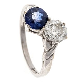 Old-cut sapphire diamond ring WG 585/000 with one old-cut diamond 1,06 ct l.tinted W/SI2-PI and