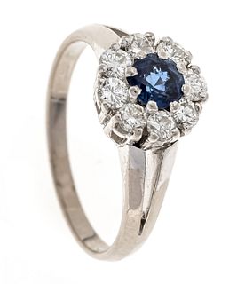 Sapphire diamond ring WG 750/000 with a round faceted sapphire 5,1 mm, darker blue, eye-clean -