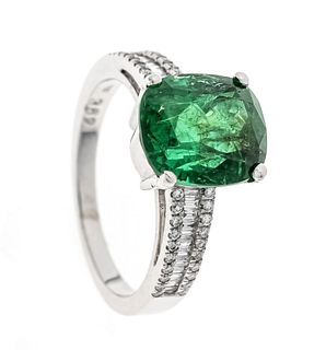 Emerald diamond ring WG 750/000 with an excellent antique cut faceted emerald 4.36 darker luminous