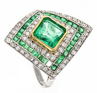 Art deco emerald old cut diamond ring platinum 950/000 and yellow gold with one very good carrÃ©