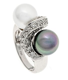 Tahitian-South Sea pearl ring WG 750/000 with one Tahitian and one South Sea cultured pearl 10 mm