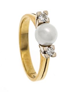 Akoya diamond ring GG/WG 585/000 with one white Akoya bead 6,3 mm and 2 diamonds, add. 0,16 ct W/SI,